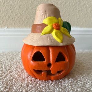 Vintage HALLOWEEN Ceramic Scarecrow JACK O'LANTERN candle tea Light Up PUMPKIN